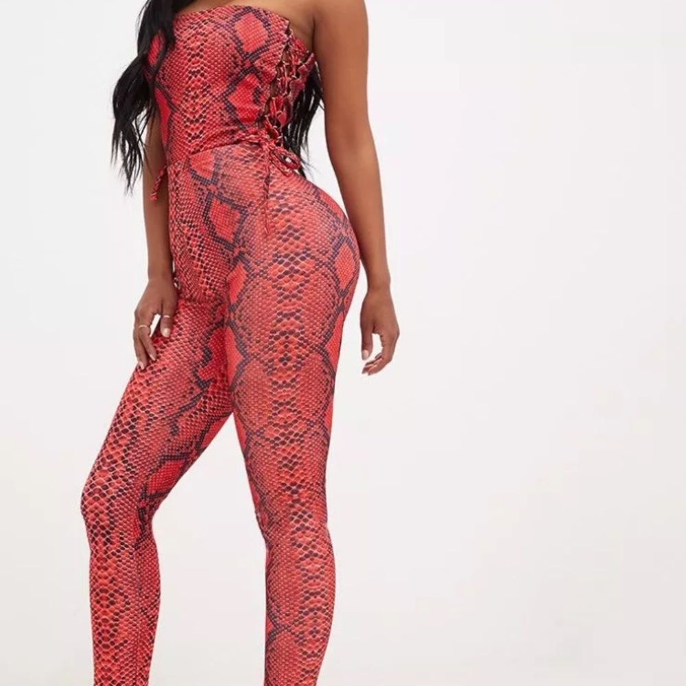 PrettyLittleThing Lace-Up Snake Print Jumpsuit 8
